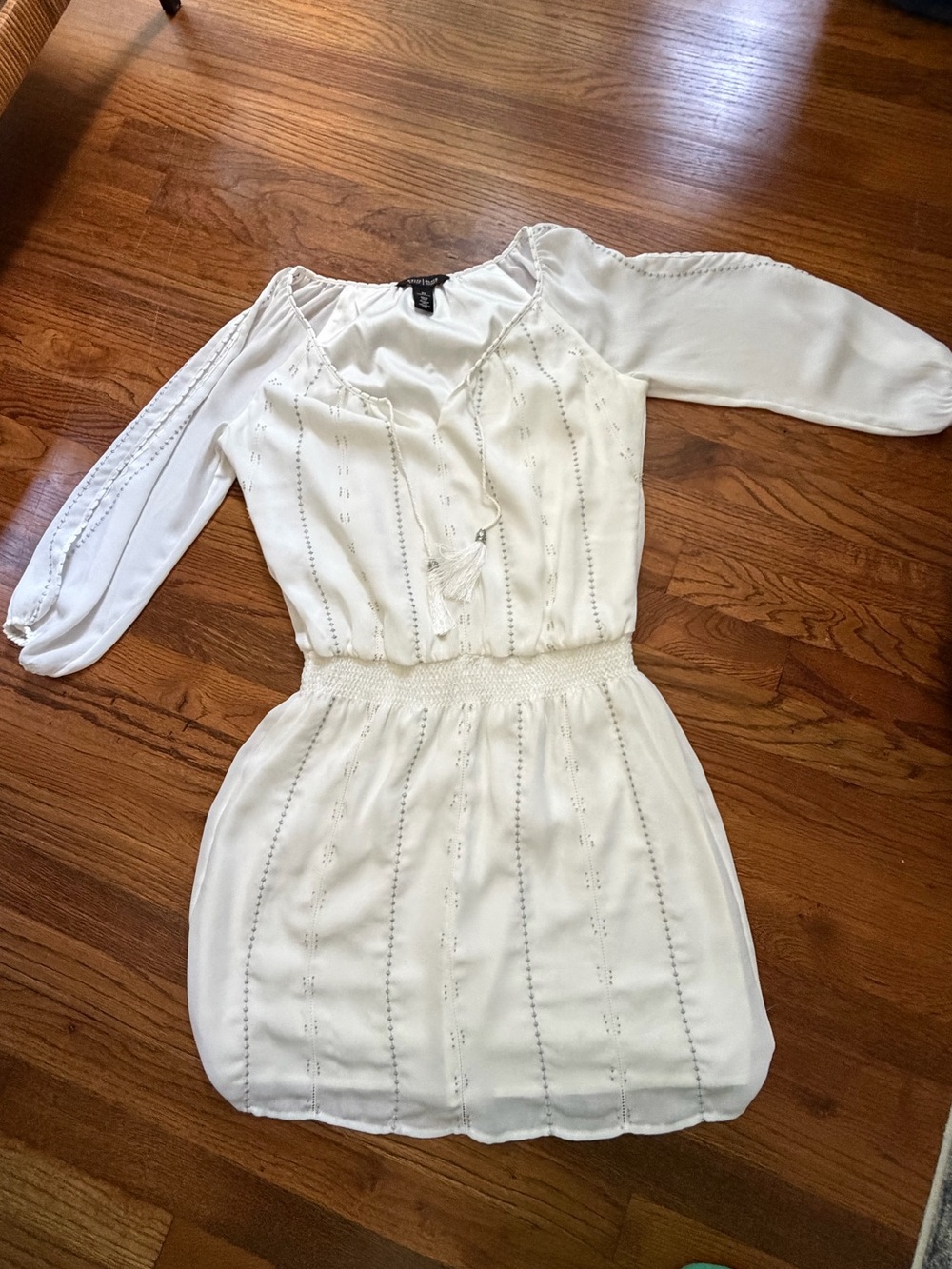 *White House Black Market White Tassel Tie-Neck Smocked Waist Dress